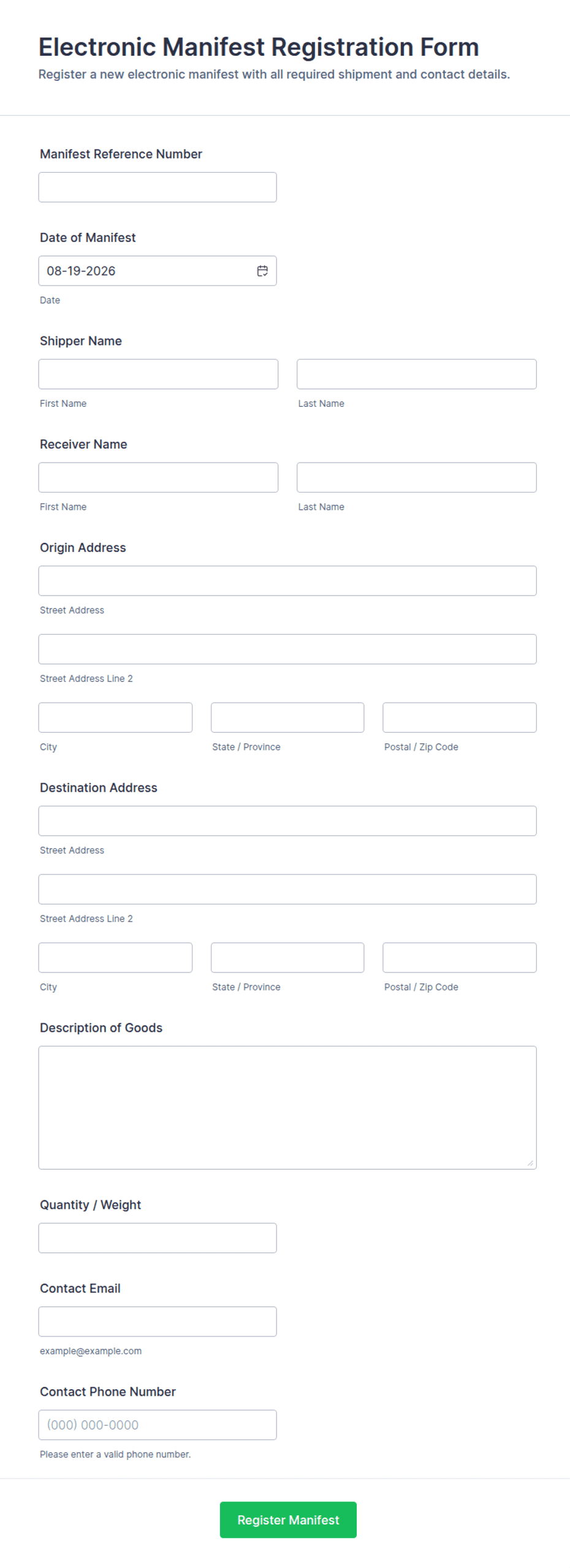 Electronic Manifest Registration Form Template | Jotform
