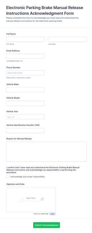 Electronic Parking Brake Manual Release Instructions Acknowledgment Form Template