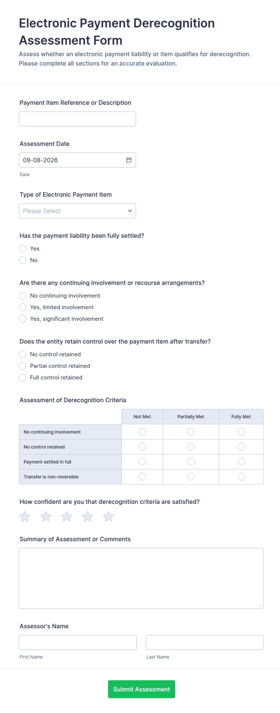 Electronic Payment Derecognition Assessment Form Template | Jotform