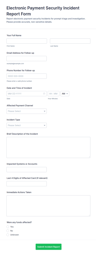 Electronic Payment Security Incident Report Form Template