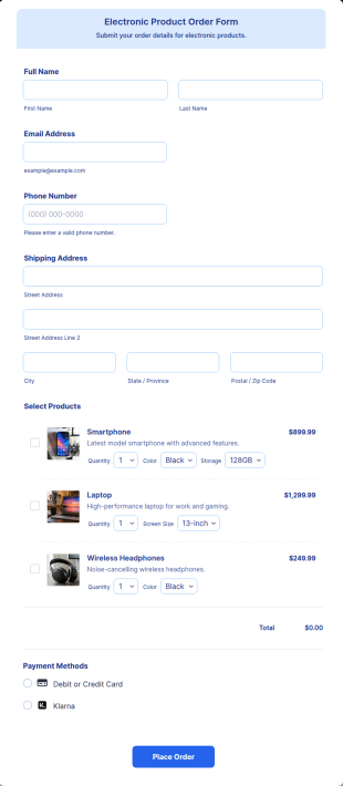 Klarna Electronic Product Order Form Template