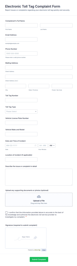 Electronic Toll Tag Complaint Form Template