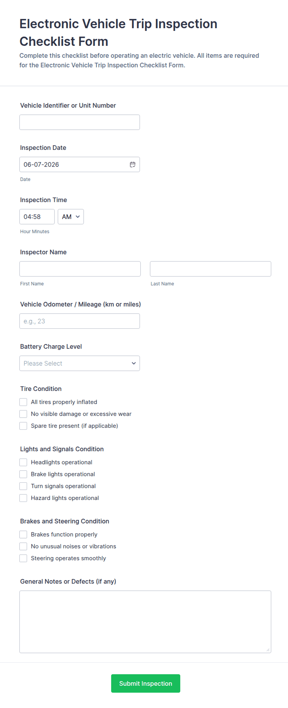 Electronic Vehicle Trip Inspection Checklist Form Template | Jotform