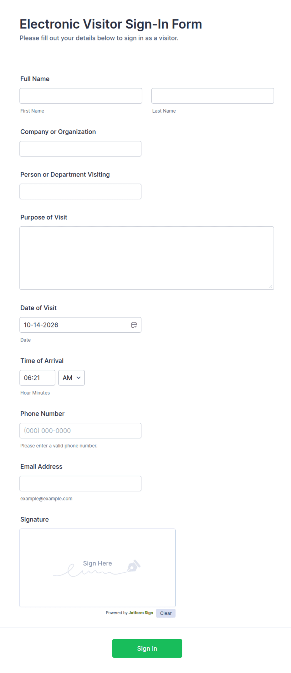 Electronic Visitor Sign-In Form Template | Jotform