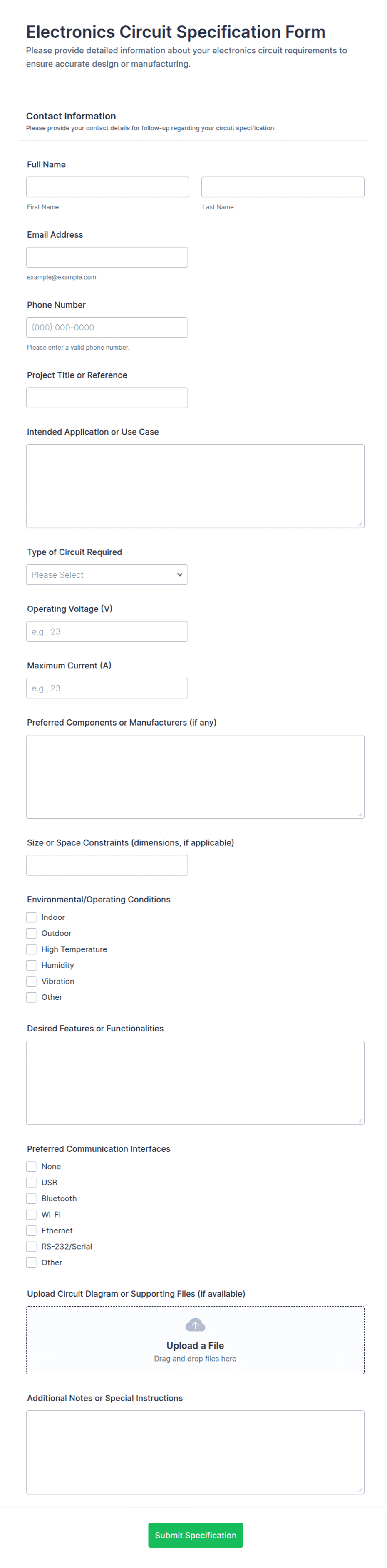 Electronics Circuit Specification Form Template | Jotform