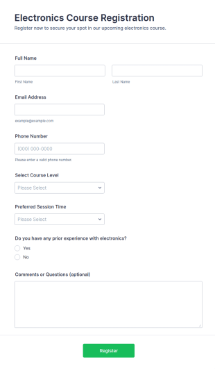 Electronics Course Registration Form Template