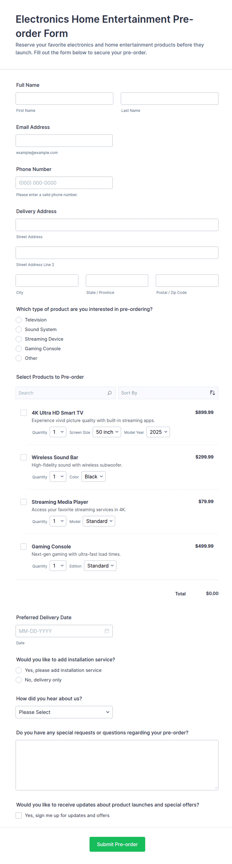 Electronics Home Entertainment Pre-order Form Template | Jotform