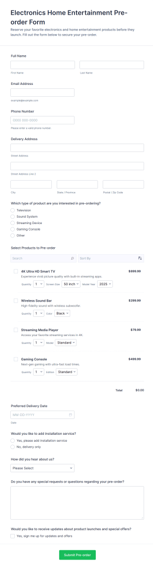 Electronics Home Entertainment Pre Order Form Template