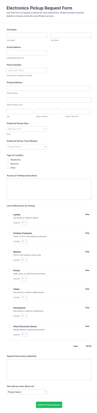 Electronics Pickup Request Form Template