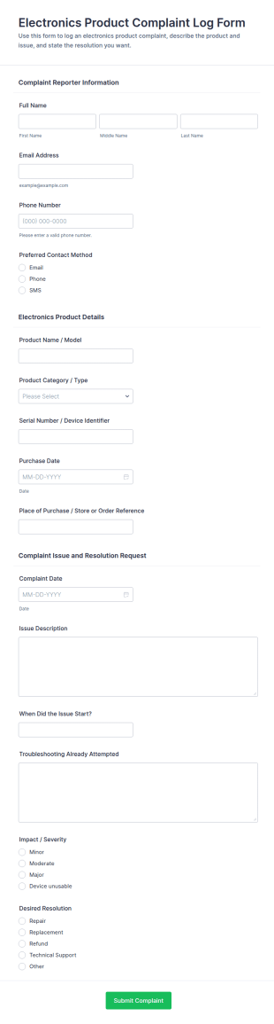 Electronics Product Complaint Log Form Template