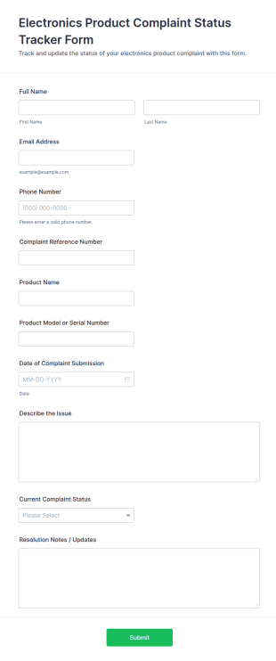 Electronics Product Complaint Status Tracker Form Template