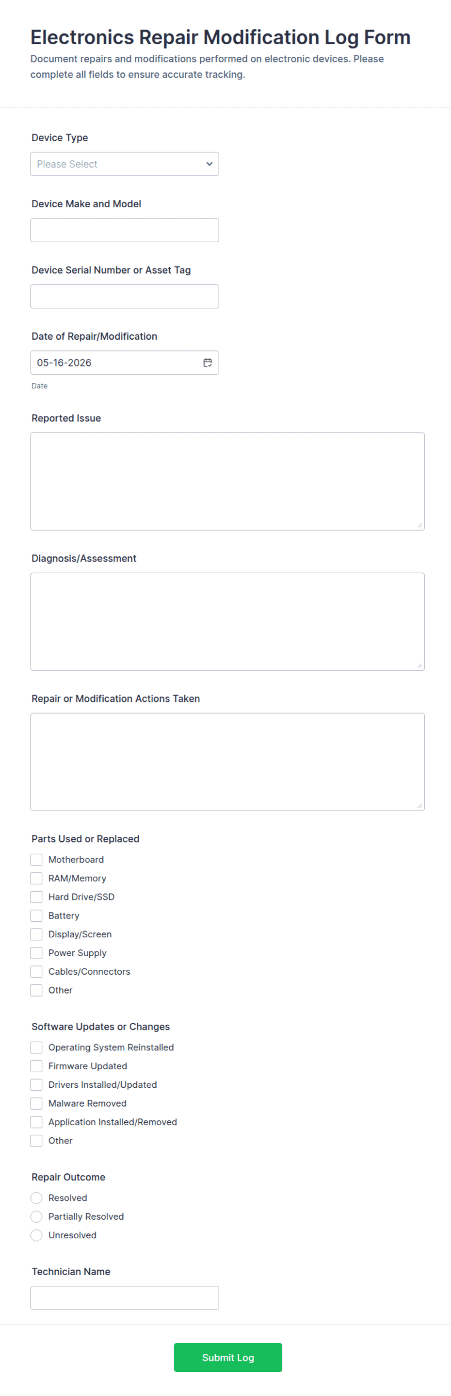 Electronics Repair Modification Log Form Template | Jotform