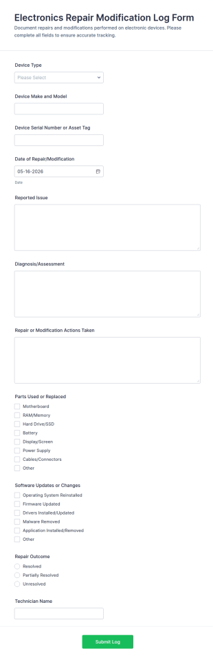 Electronics Repair Modification Log Form Template