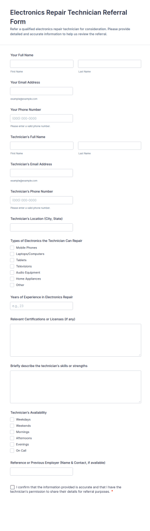 Electronics Repair Technician Referral Form Template