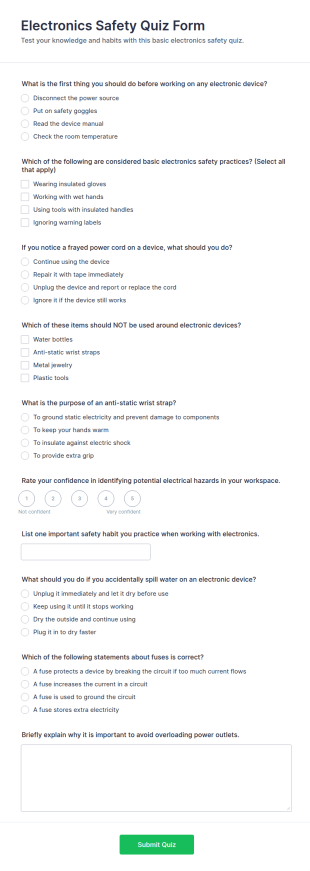 Electronics Safety Quiz Form Template