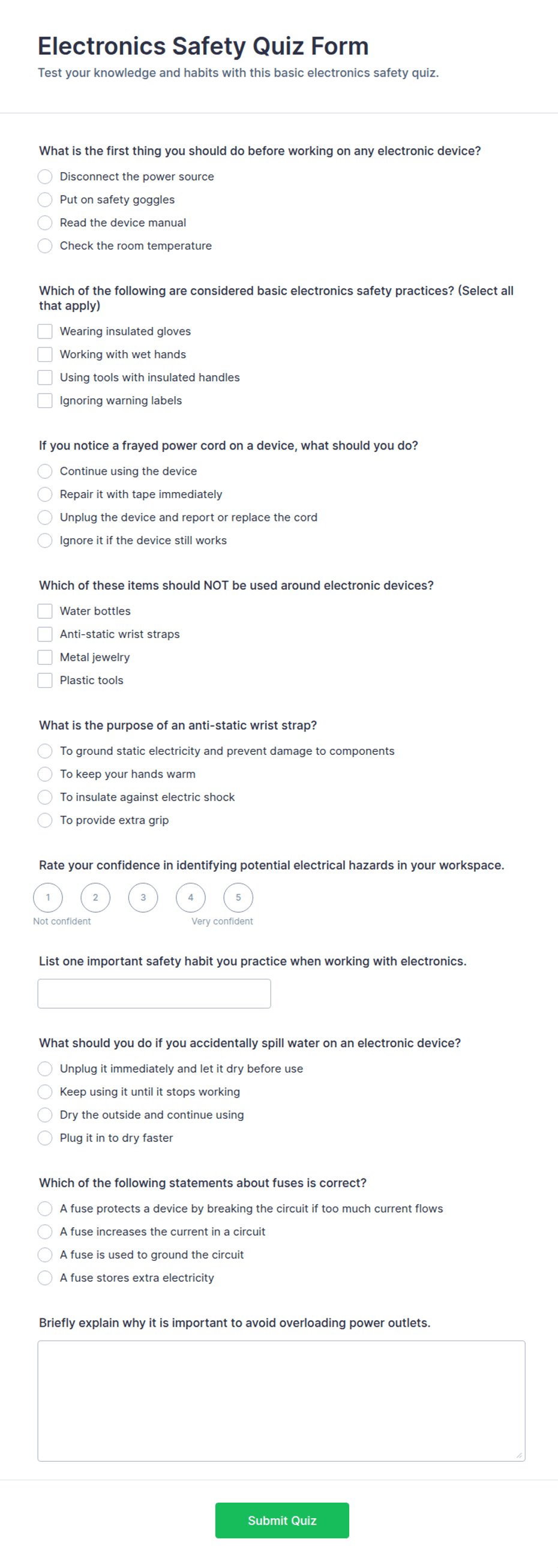 Electronics Safety Quiz Form Template | Jotform