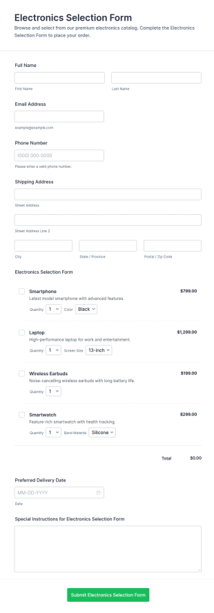 Electronics Selection Form Template