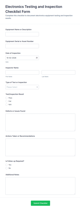 Electronics Testing And Inspection Checklist Form Template
