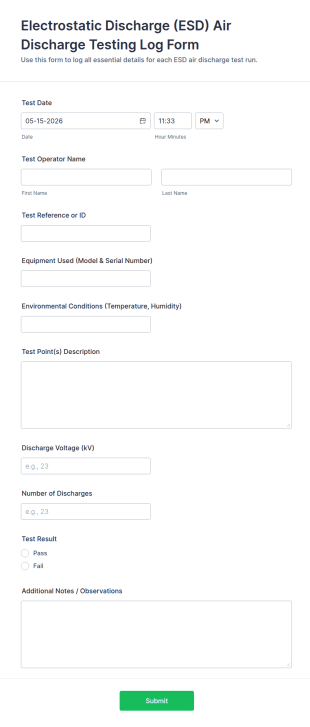 Electrostatic Discharge (ESD) Air Discharge Testing Log Form Template