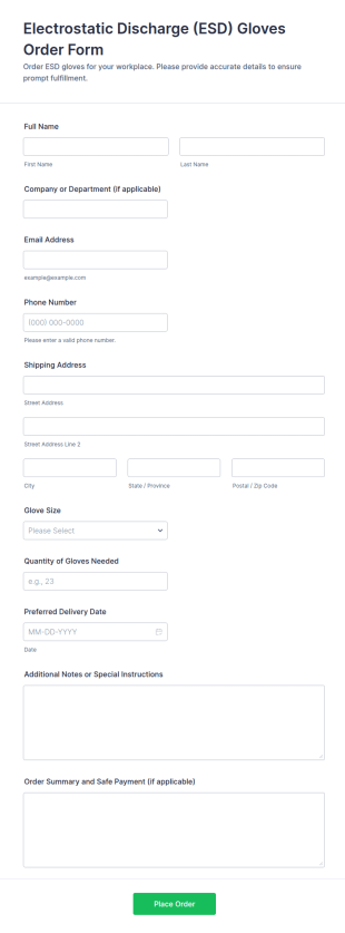 Electrostatic Discharge Gloves Order Form Template