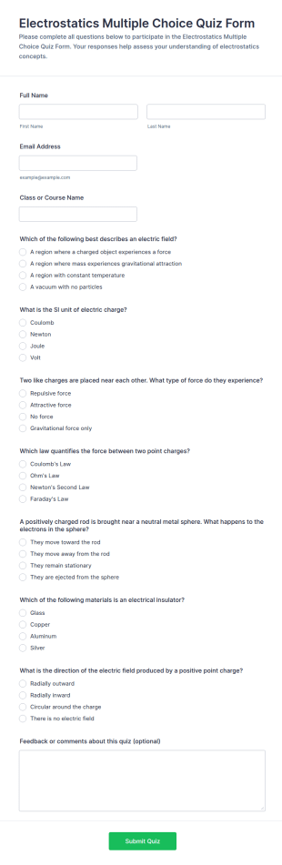 Electrostatics Multiple Choice Quiz Form Template
