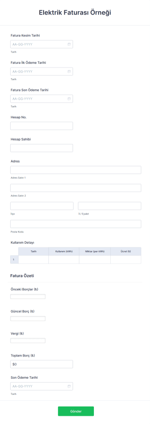Elektrik Faturası Örneği Form Template