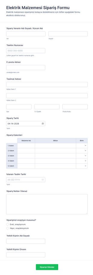 Elektrik Malzeme Sipariş Form Şablonu