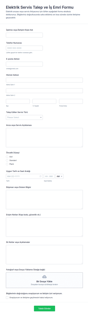 Elektrik Servis İş Emri Form Şablonu