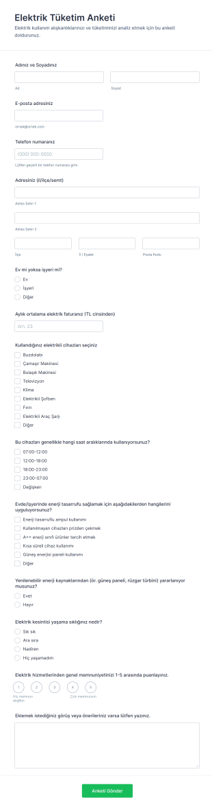 Elektrik Tüketim Anketi Form Şablonu