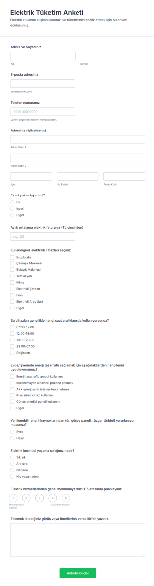 Elektrik Tüketim Anketi Form Şablonu