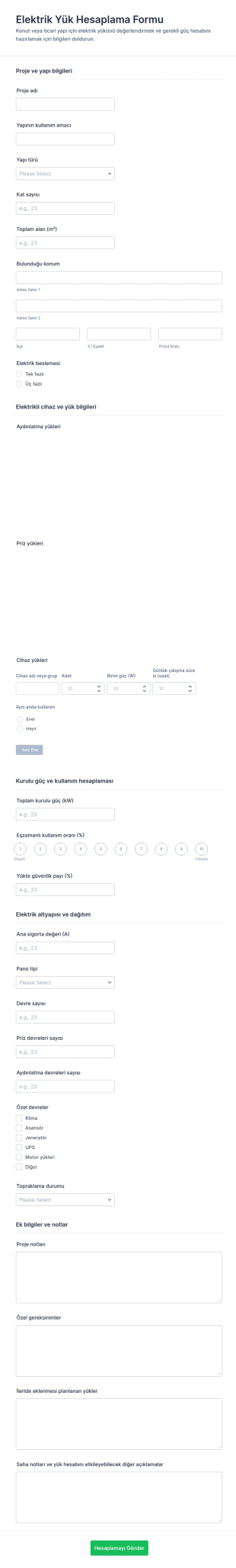Elektrik Yükü Hesaplama Form Şablonu