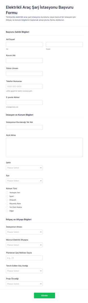 Elektrikli Araç Şarj İstasyonu Başvuru Form Şablonu