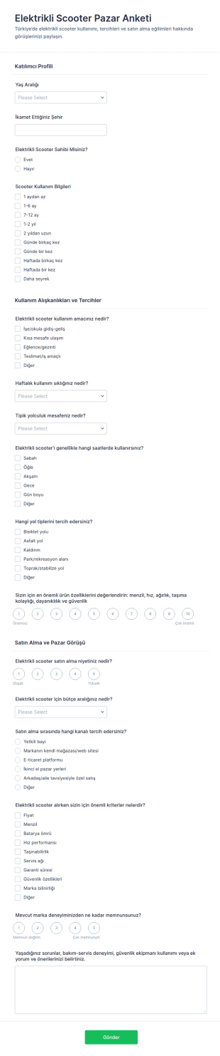 Elektrikli Scooter Pazar Araştırması Anketi Form Şablonu