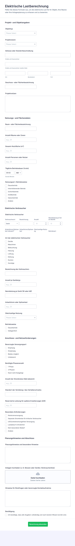 Elektrische Lastberechnung Formular