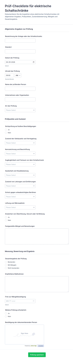Elektrische Schalttafel Inspektionscheckliste Formular