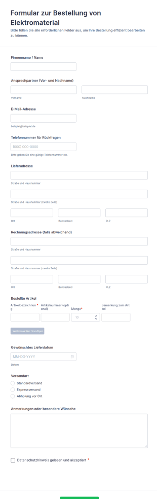 Elektrisches Material Bestellformular