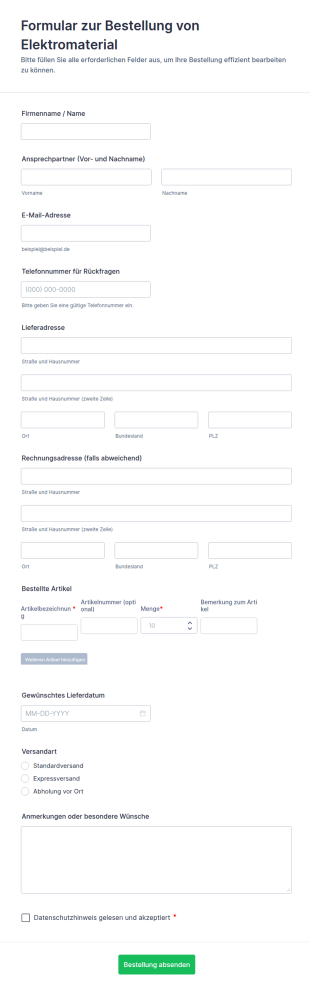Elektrisches Material Bestellformular