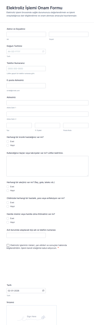 Elektroliz İşlemi Onam Form Şablonu