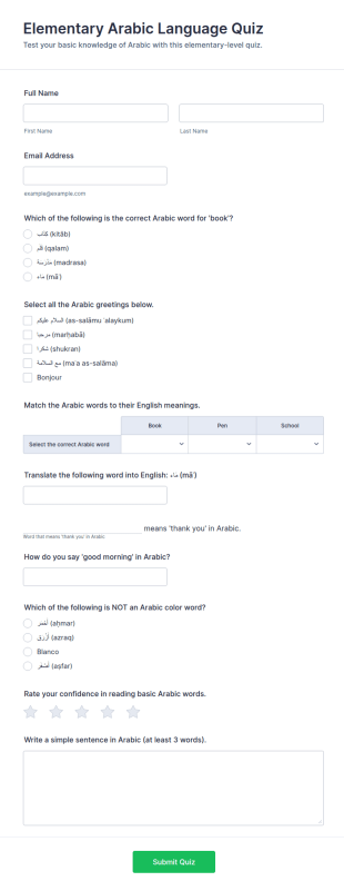 Elementary Arabic Language Quiz Form Template