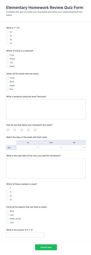 Elementary Homework Review Quiz Form Template