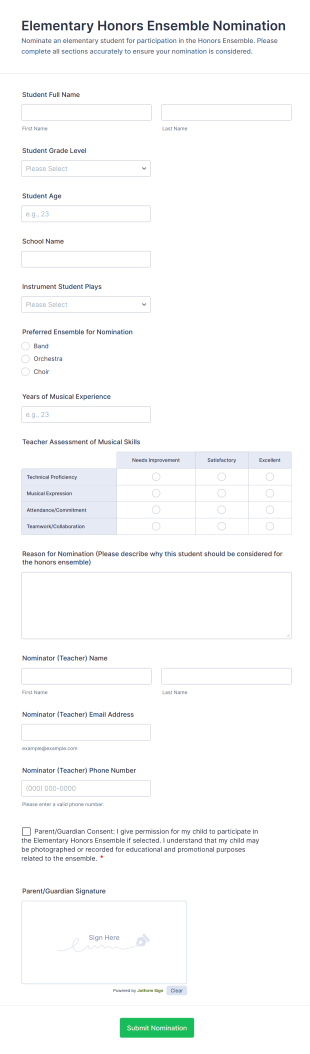 Elementary Honors Ensemble Nomination Form Template