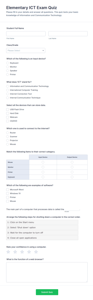 Elementary ICT Exam Quiz Form Template