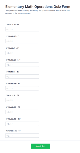 Elementary Math Operations Quiz Form Template
