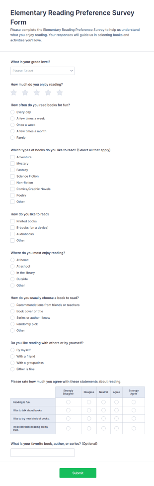 Elementary Reading Preference Survey Form Template