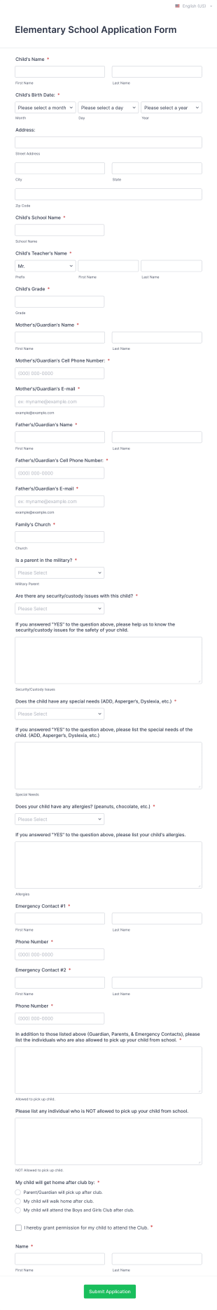 Elementary School Application Form Template