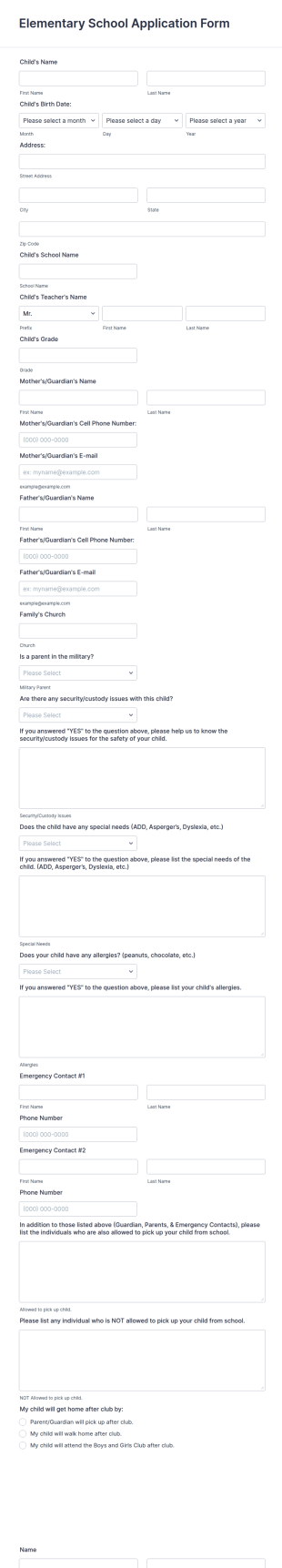 Elementary School Application Form Template