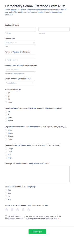 Elementary School Entrance Exam Quiz Form Template