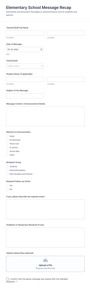 Elementary School Message Recap Form Template