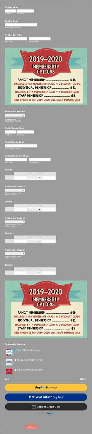 Elementary School PTA Membership Application Form Template
