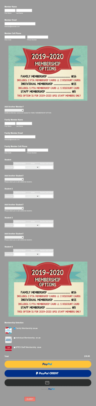 Elementary School PTA Membership Application Form Template